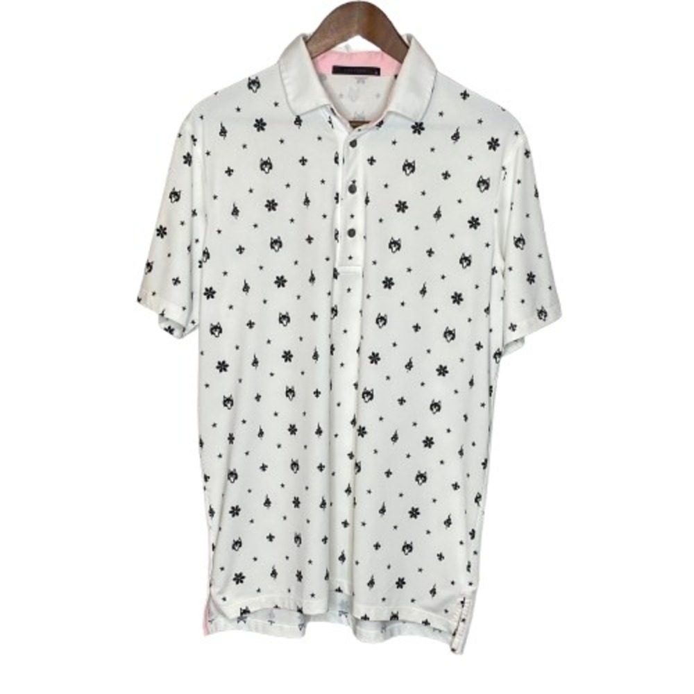 Greyson Mens Wolf Crest Print Golf Polo Shirt Size M White Black Performance